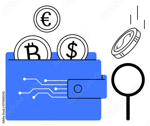 Open digital wallet with Bitcoin, Euro, and Dollar coins, magnifying glass signifying analysis or transparency. Ideal for finance, cryptocurrency, blockchain, investment, fintech technology audit