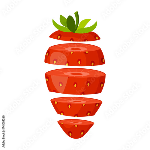 Sliced strawberry, separated into several layers. Flying fresh strawberry slices. Hand drawn flat style isolated. for stickers, menus, apps, posters, design. Vector illustration