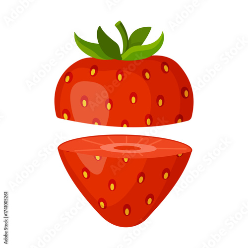 Fresh red strawberry, cut in half. Hand drawn flat style isolated on transparent background. Perfect for apps, websites, stickers, menus, decor, packaging, and branding. Vector illustration