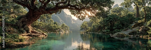 romantic summer landscape with lake mountains and the world tree, mystical yggdrasil tree of life in a serene summer paradise, phantastic landscape of the ancient norse world tree by the lake