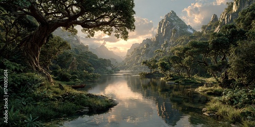 romantic summer landscape with lake mountains and the world tree, mystical yggdrasil tree of life in a serene summer paradise, phantastic landscape of the ancient norse world tree by the lake