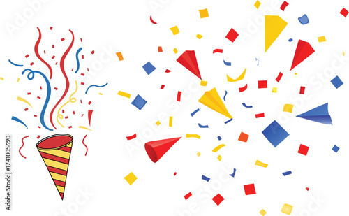 Red yellow blue confetti streamers exploding from party popper celebration explosion