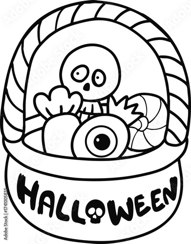 illustration halloween candy with basket hand drawn outline concept