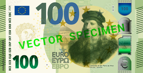 Vector fictional banknote in style of European Union. Note of 100 euros, Leonardo, Vinci. Money of Europe. Denomination of hundred. Obverse of bill. 2026. Specimen