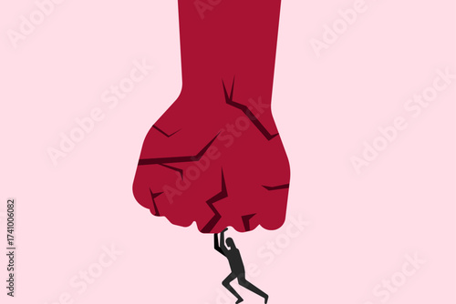 Common small man against big powerful hand, social power struggle illustration