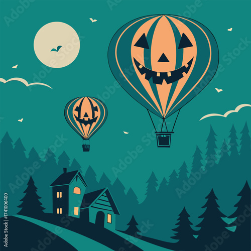 A beautiful and atmospheric graphic illustration of jack-o'-lantern hot air balloons floating over a nighttime landscape.