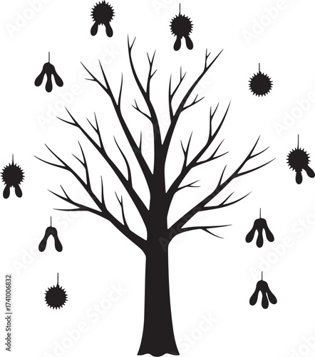 Minimalist black vector silhouette of a bare tree shedding various spiked and winged seeds, symbolizing autumn dispersal and winter transition.