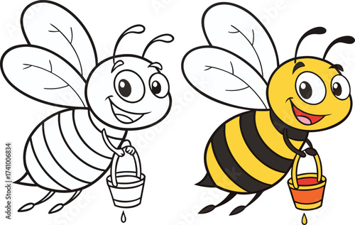 Cartoon bee with bucket of honey and outline version insect animal
