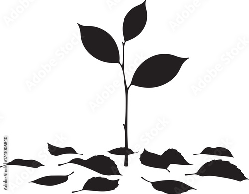 Minimalist black vector silhouette of a young plant sprout with three leaves emerging from the ground surrounded by fallen leaves, symbolizing new life and growth.