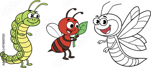 Cartoon caterpillar bee and dragonfly characters on white background insect