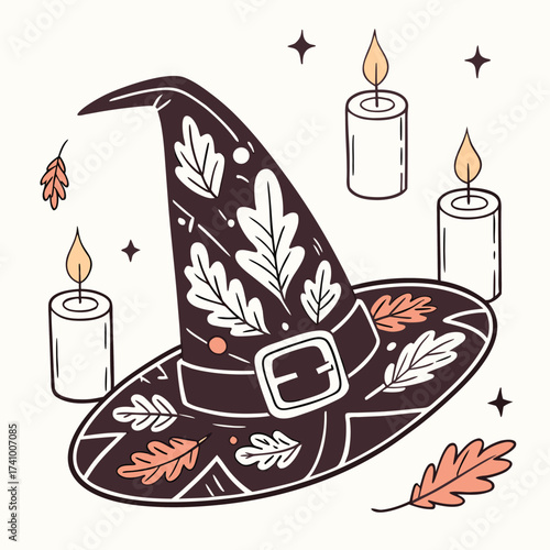 A charming and elegant hand-drawn illustration of an autumn-themed witch's hat.