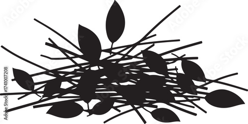 Minimalist black vector silhouette of a tangled pile of fallen sticks and leaves, representing nature, organic debris, and woodland texture.