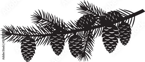 Elegant black vector silhouette of a pine branch laden with multiple pine cones, perfect for holiday, winter, and nature-themed designs and decorations.