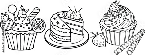 Black and white line art of three desserts including a cupcake with candy a slice of cake and a