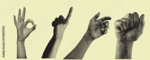 Collection of human hand gestures showing OK sign, pointing finger, and fist on neutral background for communication concept