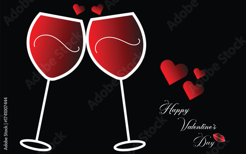 Two wine glasses with red wine and hearts for a romantic valentine's day celebration