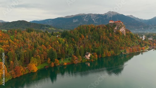 Aerial view of majestic Lake Bled at sunrise in autumn, Slovenia. 