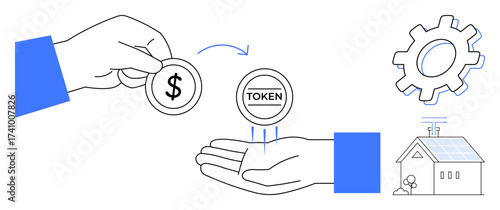 Hand swapping money for token, arrow indicating exchange flow, gear representing process, house with solar panel symbolizing sustainability. Ideal for blockchain, finance, energy, technology