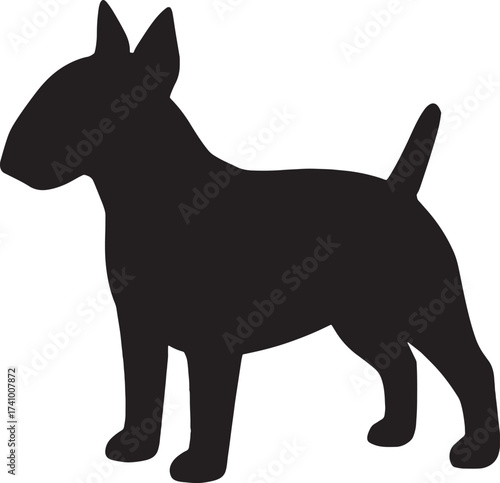 Black silhouette of a distinctive bull terrier dog standing alert ready for action