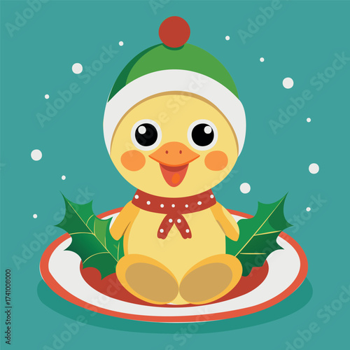 Illustration of a little duckling in a Christmas hat