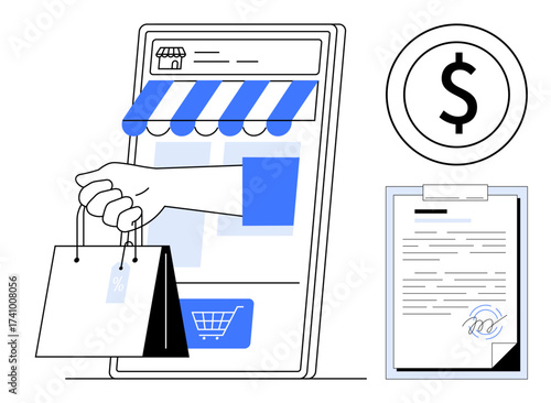 Hand holding shopping bags from a smartphone storefront, dollar sign, and signed document. Ideal for e-commerce, online payment, business, retail, agreements, contracts simple flat metaphor