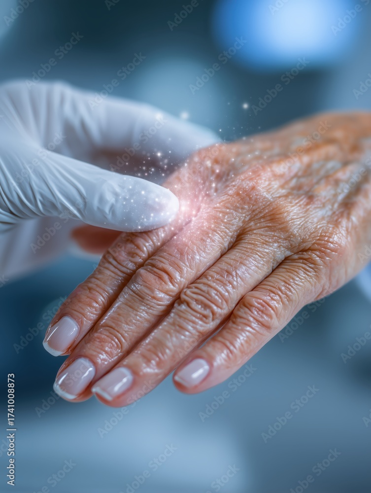 Fototapeta premium Dermatology consult: gloved clinician caring for mature hand skin, gentle touch in clinical light