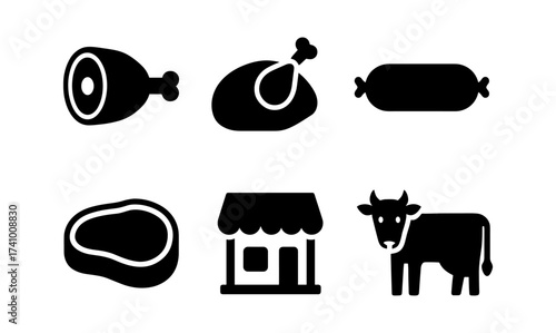 Meat assortment design concept featuring ham, chicken, sausage, steak, butcher shop, and cow icons for culinary use