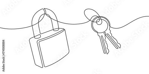 Security lock. Keys. Protection of data, information, website. Continuous line drawing of padlock. Vector illustration.