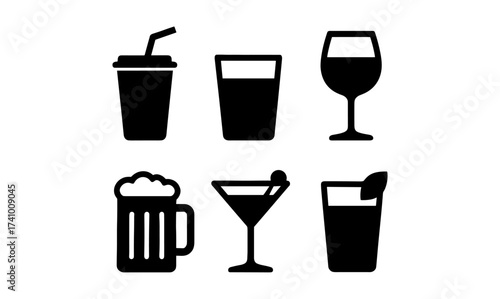 Simple beverage icon set featuring colorful silhouettes of popular drink glasses for design and print projects