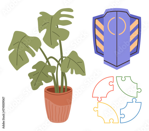 Potted monstera plant, modern shield icon, four multicolored puzzle pieces forming a circular shape. Ideal for concepts of nature, growth, security, teamwork, problem-solving, creativity simple flat