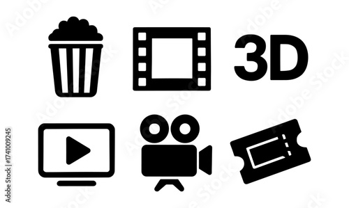 Cinema icon set featuring popcorn, film reel, and movie ticket for multimedia design projects