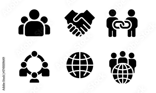Global cooperation icon set for teamwork and networking design projects