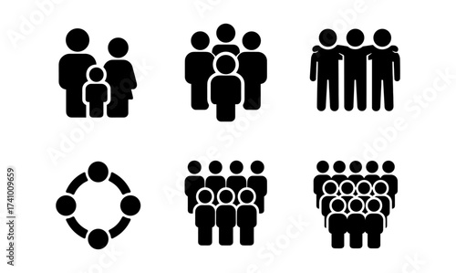 Community icon set featuring simple family, friends, and teamwork symbols for design projects