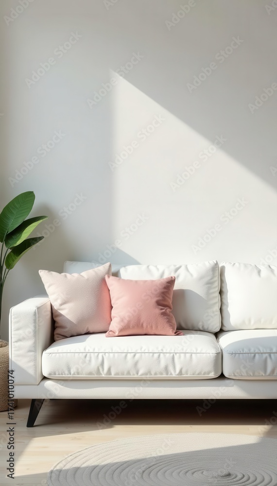 Fototapeta premium Bright white space, plush sofa, scattered pillows , cozy, sofa