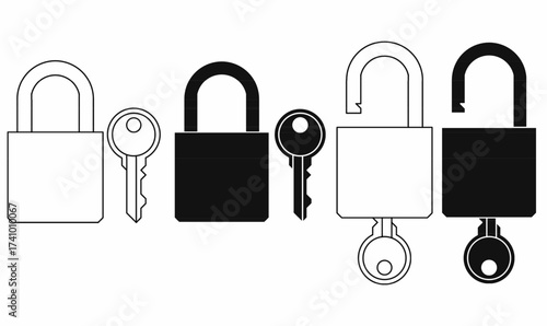 Vector illustration of padlock and key icon set in outline silhouette, showing locked and unlocked states. Security, safety, access control design. 