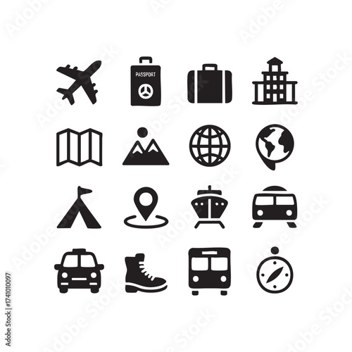 Set of travel icons simple flat vector glyphs for tourism and adventure isolated on white background