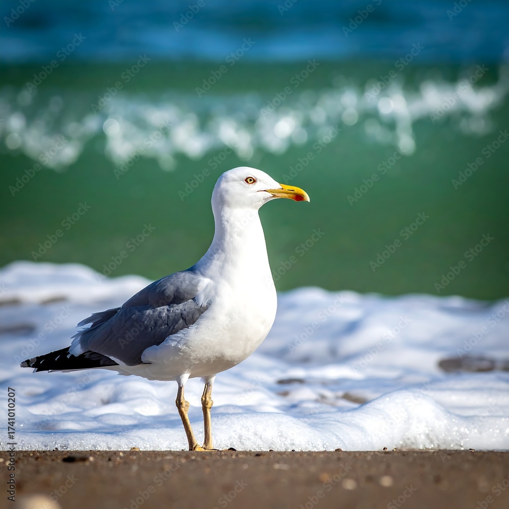 Fototapeta premium Close-up of a seagull standing on a beach, waves behind it