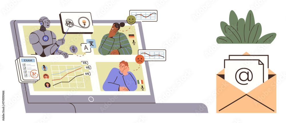Fototapeta premium Robot assessing data trends and human emotions on a laptop, plant in background, mail icon. Ideal for AI, technology, data analysis, communication, automation workspace futuristic design. A simple