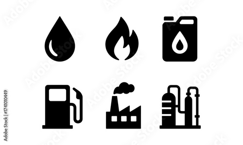 Energy industry icon set for design and print featuring oil, gas, and industry symbols