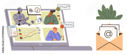 Robot assessing data trends and human emotions on a laptop, plant in background, mail icon. Ideal for AI, technology, data analysis, communication, automation workspace futuristic design. A simple