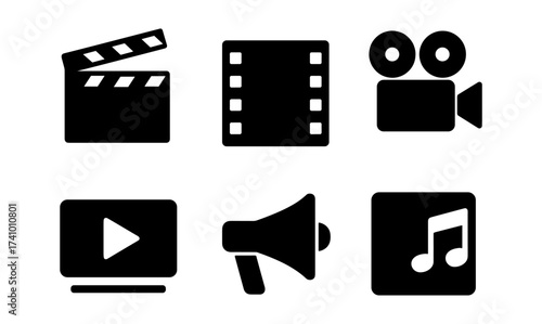 Film icon set featuring clapperboard, movie camera, megaphone, music note, play button, and film strip for multimedia projects