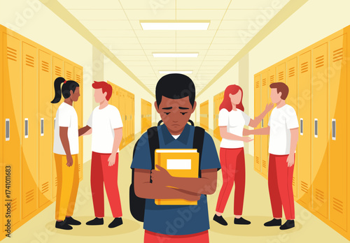Stop Bullying In Schools Sad Boy Feeling Left Out By Peers In Hallway - A Call To Action For Empathy And Kindness