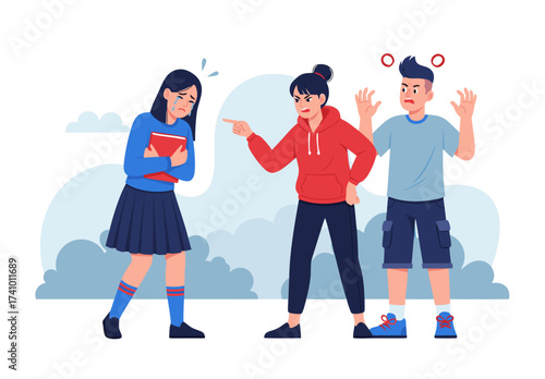 Stop Bullying - Sad Girl Crying While Being Yelled At By Two Peers In Schoolyard Atmosphere, Sadness And Emotional Distress Evoked By Peer Aggression