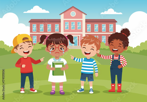 Stop Bullying Sad Girl Crying While Being Teased by Other Children Outside School Building with Green Grass and Blue Sky