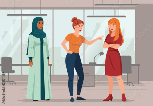Three women talking in an office, one in a hijab, illustrating the importance of stopping bullying and promoting diversity in the workplace