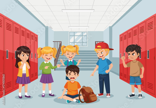 Stop Bullying  Diverse group of young students cornering and teasing a sad, crying boy sitting on the floor near lockers