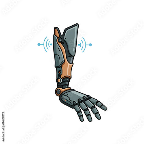 Futuristic Robotic Arm with Metallic Joints and Blue Signals