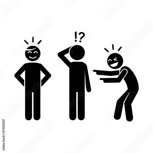 Stop Bullying Social Interaction with Sadness and Amusement, Stick Figure Art and Iconography Reflecting Human Emotions and Social Dynamics