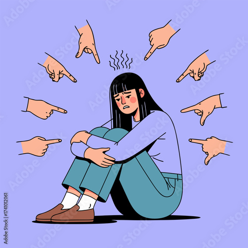 Stop Bullying ' and Peer Pressure Sad Girl Surrounded by Pointing Fingers Illustrating Social Anxiety and Mental Health Struggles