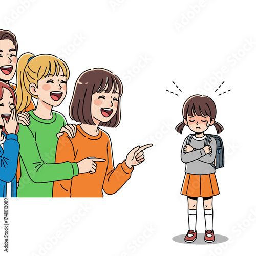 Stop Bullying Now Children Laughing and Pointing at a Sad Girl, Illustrating Peer Harassment and Its Emotional Impact